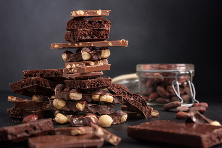 Pieces of broken tasty milk, dark and air chocolate bars with hazelnut  and cocoa beans in glaas jar on black backgroundの写真素材