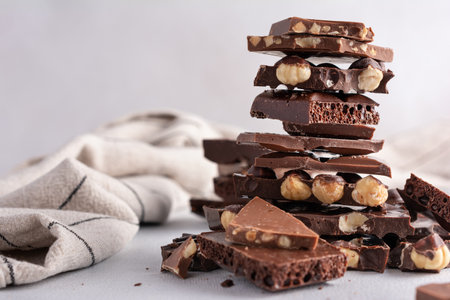 Pieces of broken tasty milk, dark and air chocolate bars with hazelnut on grey kitchen backgroundの写真素材