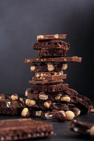 Pieces of broken tasty milk, dark and air chocolate bars with hazelnut on black backgroundの写真素材