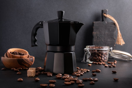 Black geyser coffee maker with roasted beans in wooden bowl and cane sugar for morning espresso on dark kitchen backgroundの写真素材