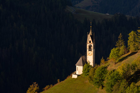 Picturesque landscape of morning in La Valle Wengen mountain village in Dolomites Alpsの写真素材
