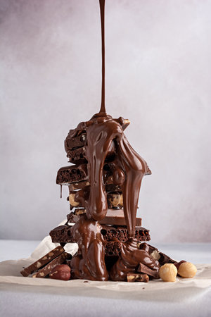 Pieces of broken tasty milk, dark and air chocolate bars with hazelnut and flowing hot chocolate on...