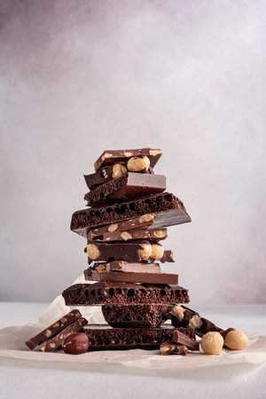 Pieces of broken tasty milk, dark and air chocolate bars with hazelnut on grey backgroundの写真素材