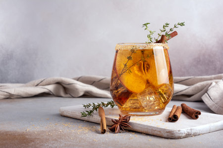 Homemade ice sweet apple cider, cocktail or mocktail with cinnamon, thyme and anise in glass for tasty and refreshing break on grey kitchen backgroundの写真素材