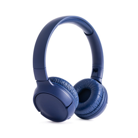 Close-up of black modern wireless headphones. Accessory for listening to music and relaxation isolated on white backgroundの写真素材