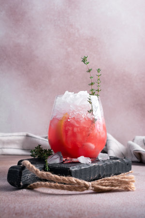 Homemade ice citrus fruit cocktail or mocktail with grapefruit slice in glass for tasty and refreshing break on black wooden boardの写真素材