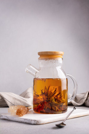 Beautiful chinese blossom or flower green tea in glass teapot with cane sugar and spoon on grey kitchen backgroundの写真素材