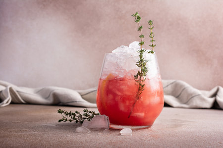 Homemade ice citrus fruit cocktail or mocktail with grapefruit slice in glass for tasty and refreshing break on kitchen backgroundの写真素材