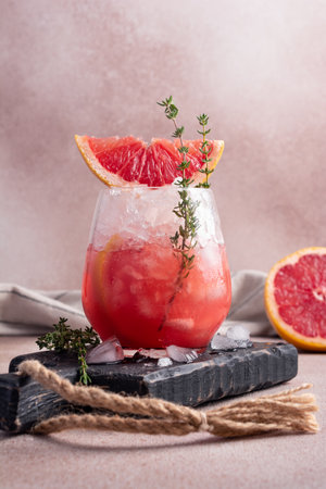 Homemade ice citrus fruit cocktail or mocktail with grapefruit slice in glass for tasty and refreshing break on black wooden boardの写真素材