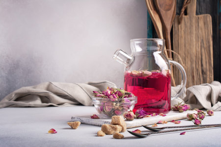 Beautiful flower pink sweet tea in glass teapot with dry rose buds and cane sugar on grey kitchen backgroundの写真素材