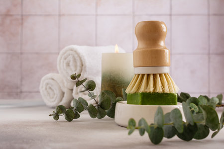 Eco friendly concept cleaners with dish brush and solid eucalyptus soapの写真素材
