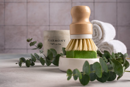Eco friendly concept cleaners with dish brush and solid eucalyptus soapの写真素材