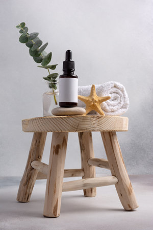 Product display scene for serum or essence with brown glass dropper bottle. Spa and wellness concept. Bathroom still life.の写真素材