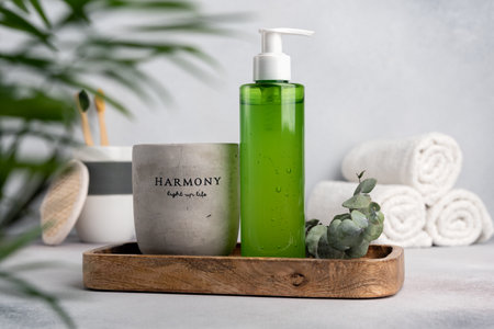Green natural cosmetic or shower gel, candle, toothbrushes and towels for relax, spa and bathroom on grey concrete backgroundの写真素材