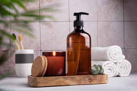 Eco friendly bathroom concept. Brown dispenser bottle of shower gel and candle for relax and spa on wooden tray on tile backgroundの写真素材