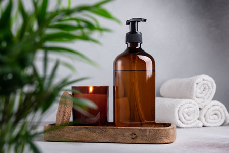 Eco friendly bathroom concept. Brown dispenser bottle of shower gel and candle for relax and spa on wooden tray on grey concrete backgroundの写真素材