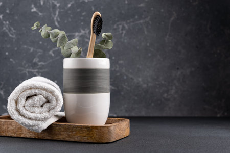 Eco friendly bathroom concept, sustainable lifestyle. Bamboo toothbrush in a glass with white towel and eucalyptus on wooden trayの写真素材