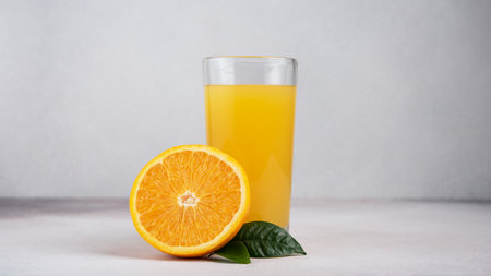 Tasty fresh orange juice in glass with sliced orange and leaves on grey concrete backgroundの写真素材