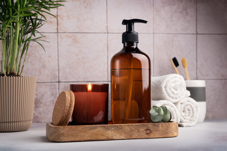 Eco friendly bathroom concept. Brown dispenser bottle of shower gel and candle for relax and spa on wooden tray on tile backgroundの写真素材