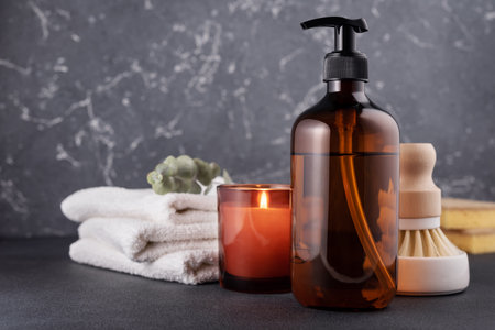 Eco-friendly household concept with natural cleaning tools and products.の写真素材