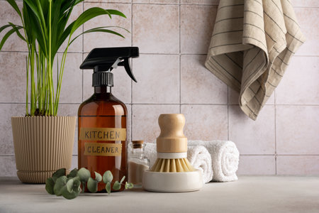 Eco friendly concept, sustainable lifestyle. Set for cleaning, as dish wash brush, kitchen cleaner with home plant, eucalyptus and towelsの写真素材