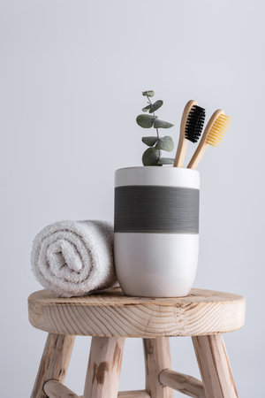 Bathroom composition with bamboo toothbrushes. Eco friendly bodycare concept.の写真素材