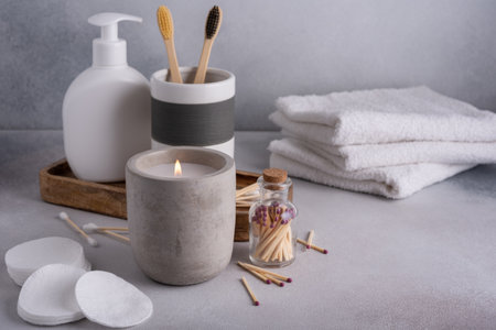 Scented candle and bathroom accessories: towels, dispenser and bamboo toothbrush. Modern bathroom dÃ©cor.の写真素材