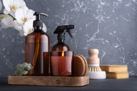 Eco-friendly household concept with natural cleaning tools and products.の写真素材
