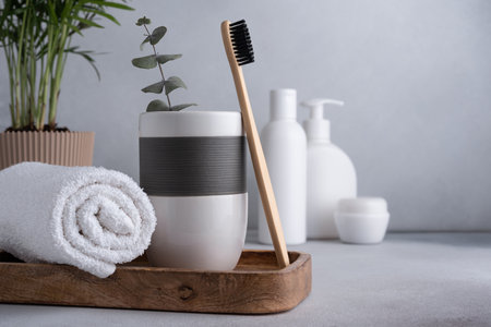 Bathroom composition with bamboo toothbrushes. Eco friendly bodycare concept.の写真素材
