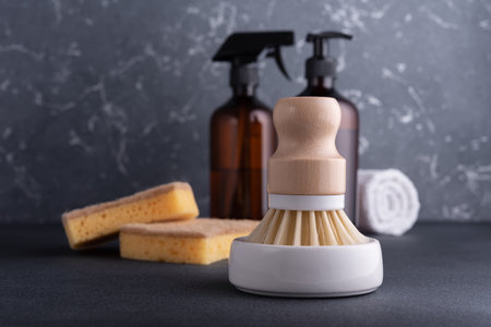 Eco-friendly household concept with natural cleaning tools and products. Dishwashing brush.の写真素材
