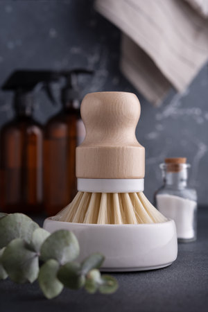 Eco-friendly household concept with natural cleaning tools and products. Dishwashing brush.の写真素材