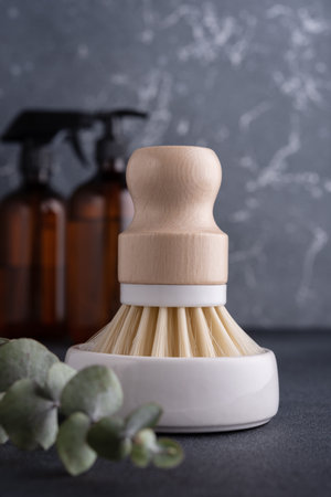 Eco-friendly household concept with natural cleaning tools and products. Dishwashing brush.の写真素材