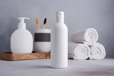 White empty shampoo or lotion bottle for mock-up in Scandinavian bathroom interiorの写真素材