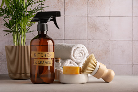 Eco friendly concept, sustainable lifestyle. Set for cleaning, as dish wash brush, kitchen cleaner, soap with home plant and towelsの写真素材