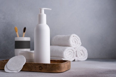 White empty shampoo or lotion bottle for mock-up in Scandinavian bathroom interiorの写真素材