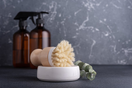 Eco-friendly household concept with natural cleaning tools and products. Dishwashing brush.の写真素材