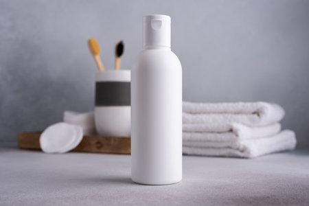 White empty shampoo or lotion bottle for mock-up in Scandinavian bathroom interiorの写真素材
