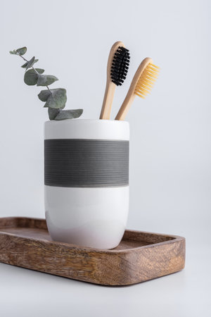 Bathroom composition with bamboo toothbrushes. Eco friendly bodycare concept.の写真素材
