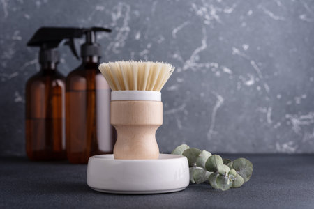 Eco-friendly household concept with natural cleaning tools and products. Dishwashing brush.の写真素材