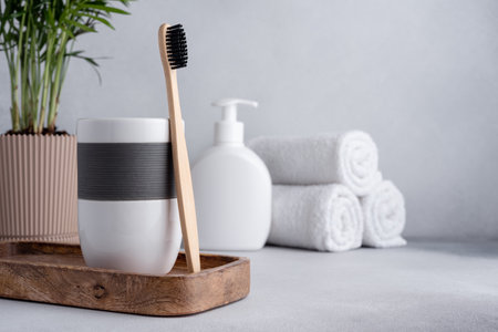 Bathroom composition with bamboo toothbrushes. Eco friendly bodycare concept.の写真素材