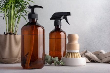 Eco friendly kitchen concept, sustainable lifestyle. Set for cleaning, as dish wash brush, spray bottle, dispenser with home plant and towelの写真素材