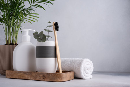 Bathroom composition with bamboo toothbrushes. Eco friendly bodycare concept.の写真素材