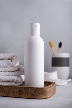 White empty shampoo or lotion bottle for mock-up in Scandinavian bathroom interiorの写真素材