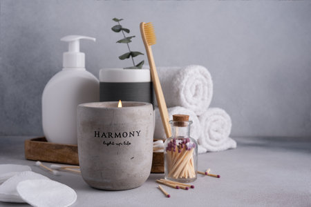 Scented candle and bathroom accessories: towels, dispenser and bamboo toothbrush. Modern bathroom dÃ©cor.の写真素材