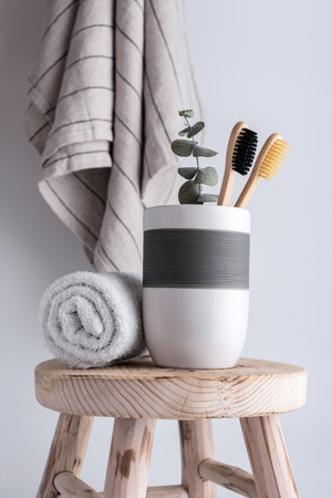 Bathroom composition with bamboo toothbrushes. Eco friendly bodycare concept.の写真素材
