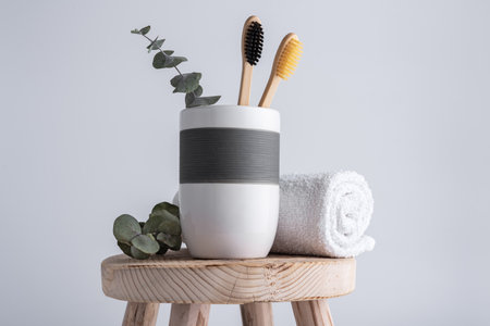 Bathroom composition with bamboo toothbrushes. Eco friendly bodycare concept.の写真素材
