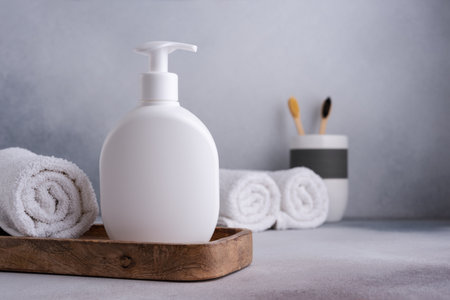 White empty shampoo or lotion bottle for mock-up in Scandinavian bathroom interiorの写真素材