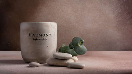 Modern candle in grey concrete with green plant eucalyptus for relax, cozy interior design, loftの写真素材