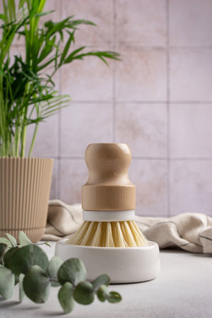 Eco friendly kitchen concept, sustainable lifestyle. Dish wash brush and towel with house plant, eucalyptusの写真素材