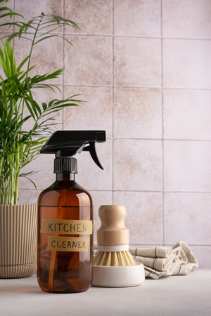 Eco friendly concept, sustainable lifestyle. Set for cleaning, as dish wash brush, kitchen cleaner with home plant and towelの写真素材
